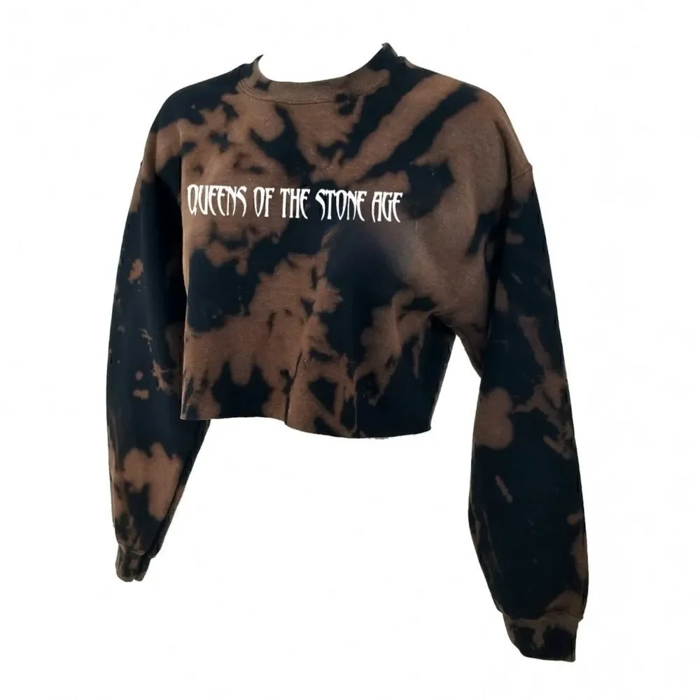 QUEENS OF THE STONE AGE Acid Washed Crop Top Long Sleeve Crewneck Sweatshirt y2k - Picture 3 of 5